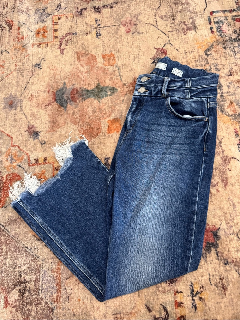 KanCan Dark Blue High-Rise Flare Jeans with Frayed Hem
